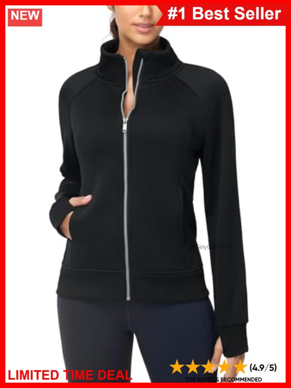 Fleece Full Zip Up Sweatshirt Stand Collar Thumbholes Ribbed Cuffs Workout